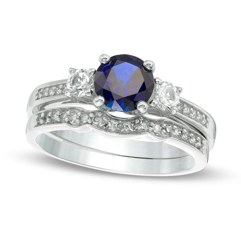 Image of ID 1 60mm Lab-Created Blue and White Sapphire with 013 CT TW Diamond Three Stone Bridal Engagement Ring Set in Solid 10K White Gold