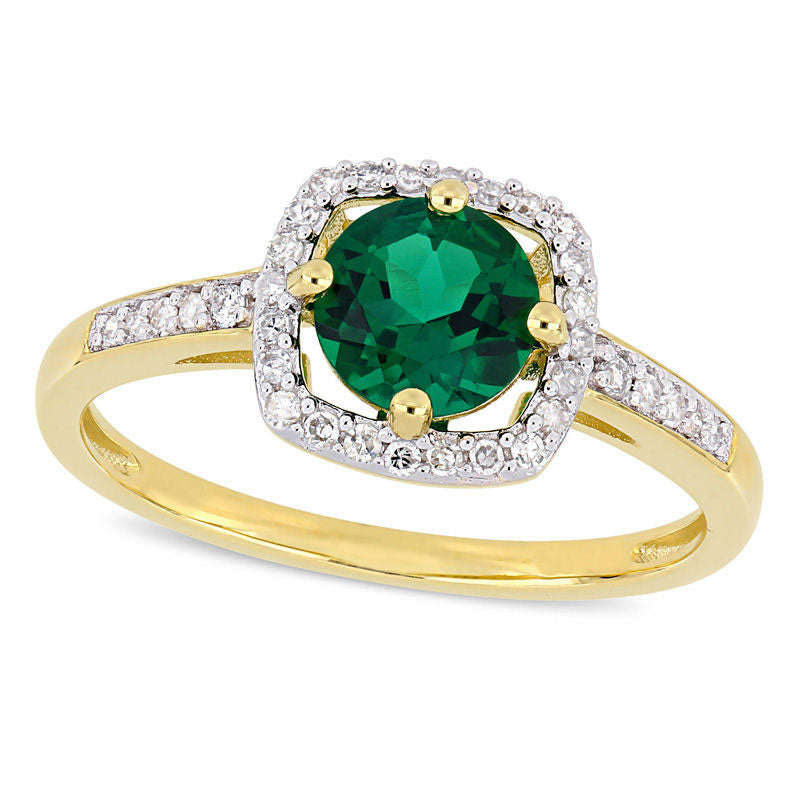Image of ID 1 60mm Lab-Created Emerald and 013 CT TW Diamond Cushion Frame Ring in Solid 10K Yellow Gold