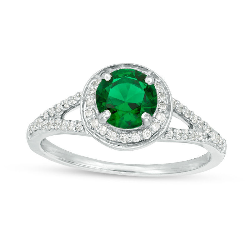 Image of ID 1 60mm Lab-Created Emerald and 033 CT TW Diamond Frame Split Shank Ring in Solid 10K White Gold