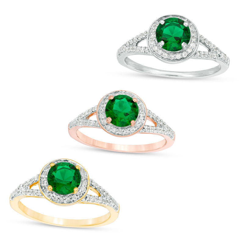 Image of ID 1 60mm Lab-Created Emerald and 033 CT TW Diamond Frame Split Shank Ring in Solid 10K White Yellow or Rose Gold