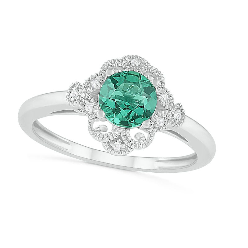 Image of ID 1 60mm Lab-Created Emerald and Diamond Accent Ornate Frame Antique Vintage-Style Ring in Sterling Silver