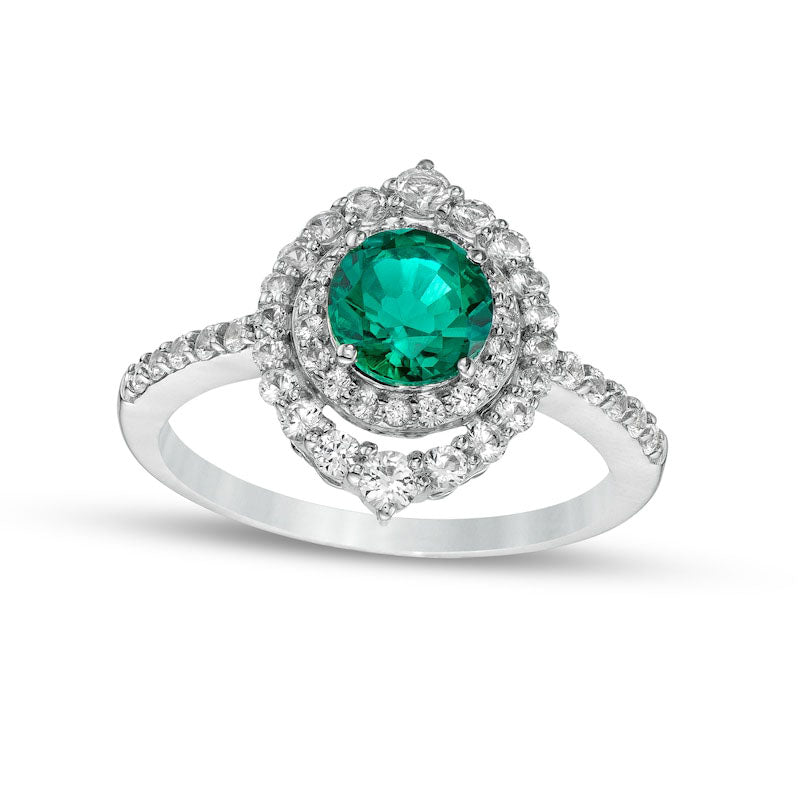 Image of ID 1 60mm Lab-Created Emerald and White Lab-Created Sapphire Double Crown Frame Ring in Sterling Silver
