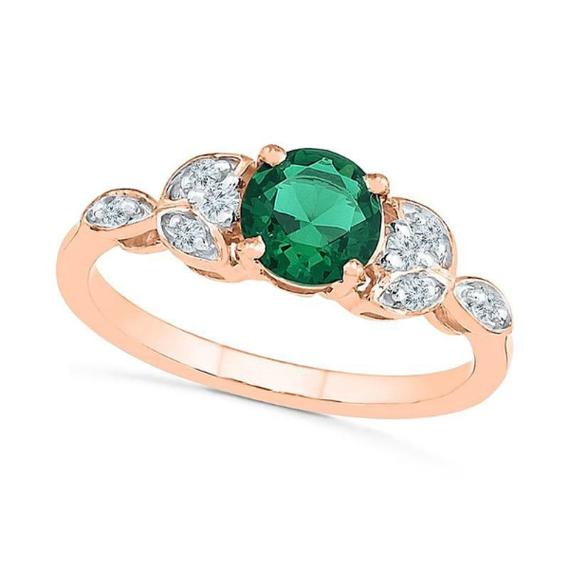 Image of ID 1 60mm Lab-Created Emerald and White Sapphire Leaf Ring in Solid 10K Rose Gold