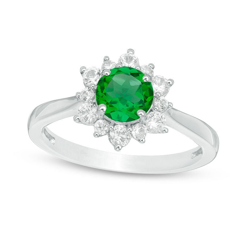 Image of ID 1 60mm Lab-Created Emerald and White Sapphire Sunburst Ring in Sterling Silver