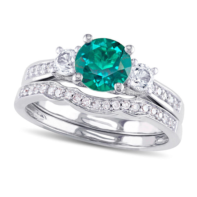 Image of ID 1 60mm Lab-Created Emerald and White Sapphire with 013 CT TW Diamond Three Stone Bridal Engagement Ring Set in Solid 10K White Gold