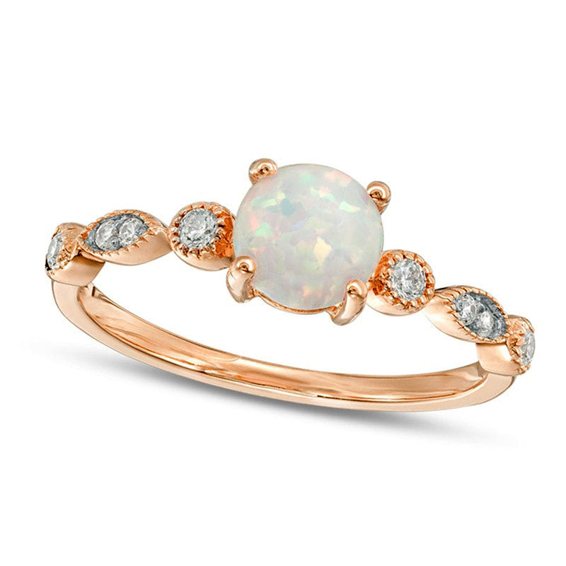 Image of ID 1 60mm Lab-Created Opal and 010 CT TW Diamond Antique Vintage-Style Ring in Solid 10K Rose Gold
