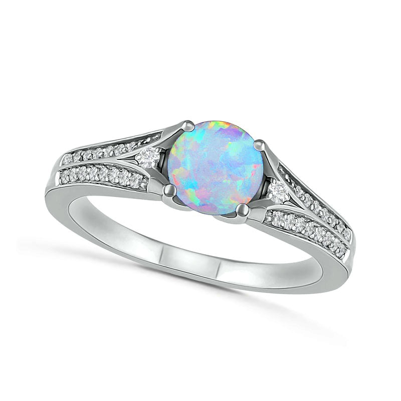 Image of ID 1 60mm Lab-Created Opal and White Sapphire Split Shank Ring in Sterling Silver