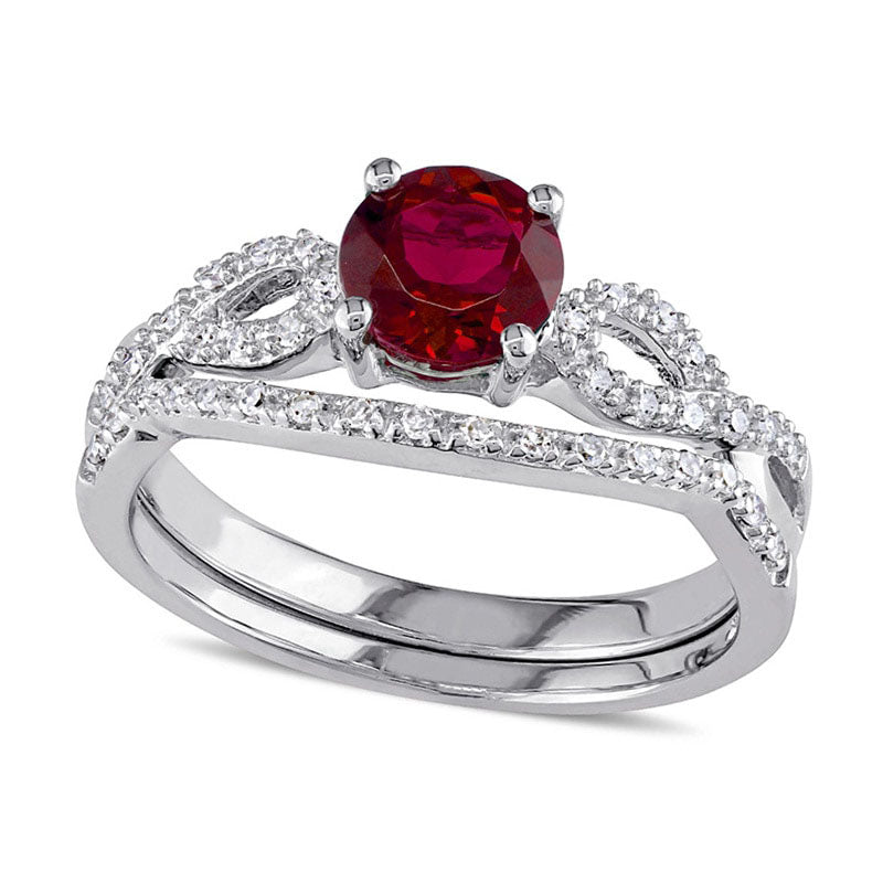 Image of ID 1 60mm Lab-Created Ruby and 013 CT TW Diamond Twist Shank Bridal Engagement Ring Set in Solid 10K White Gold