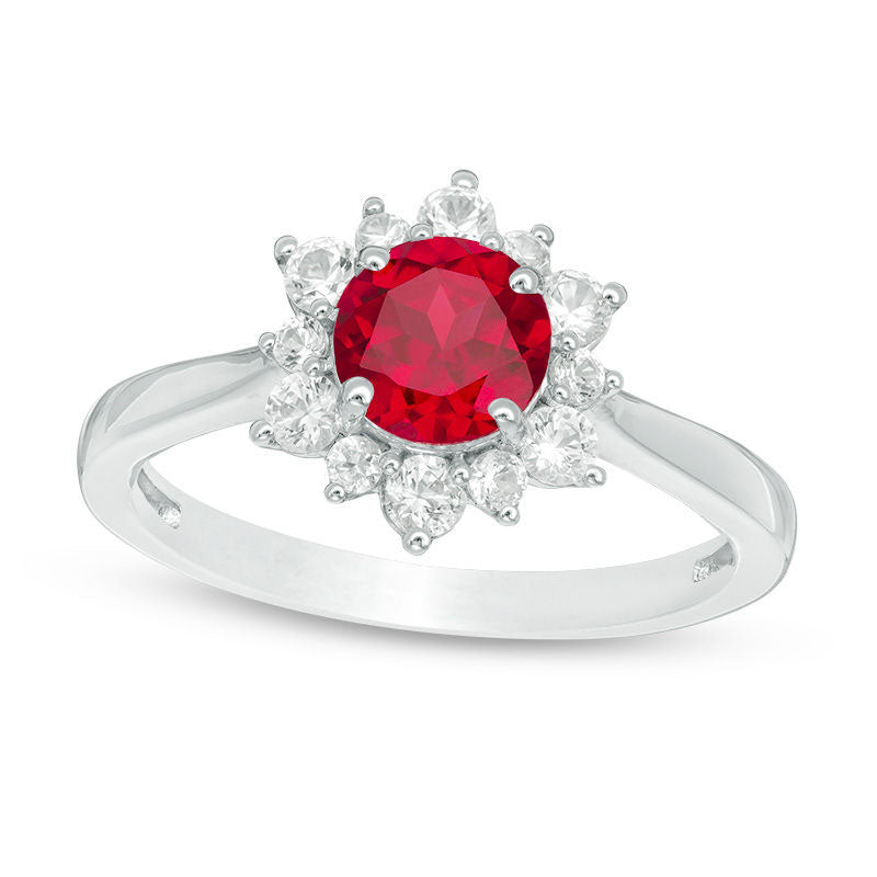 Image of ID 1 60mm Lab-Created Ruby and White Sapphire Sunburst Ring in Sterling Silver