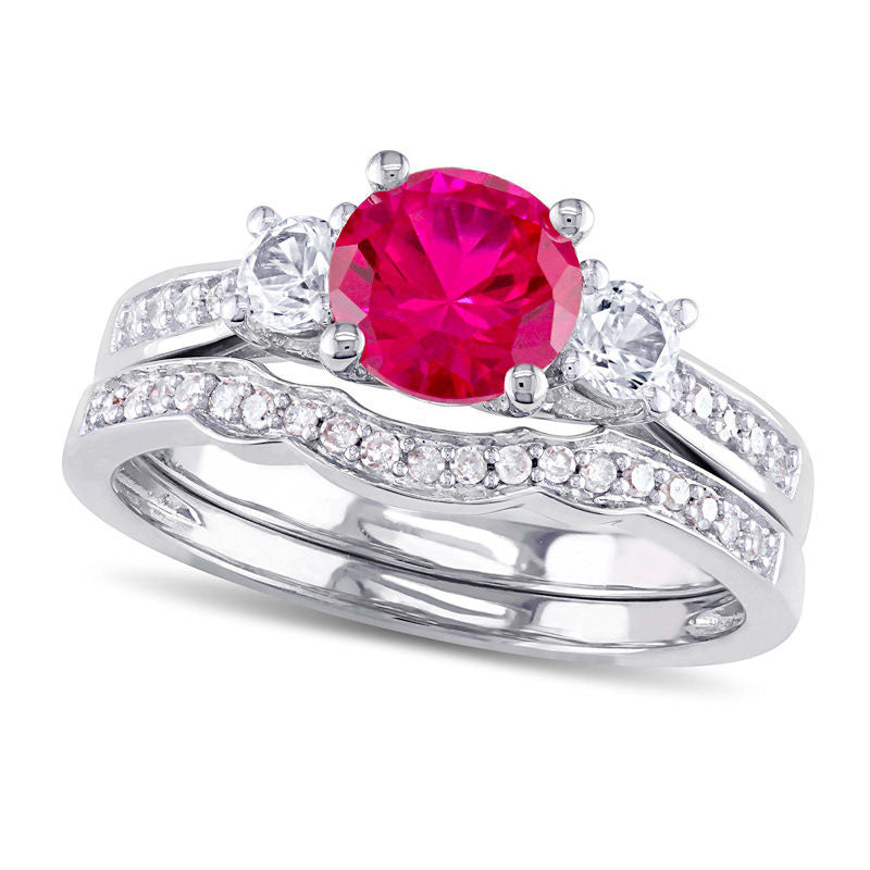 Image of ID 1 60mm Lab-Created Ruby and White Sapphire with 013 CT TW Diamond Three Stone Bridal Engagement Ring Set in Solid 10K White Gold