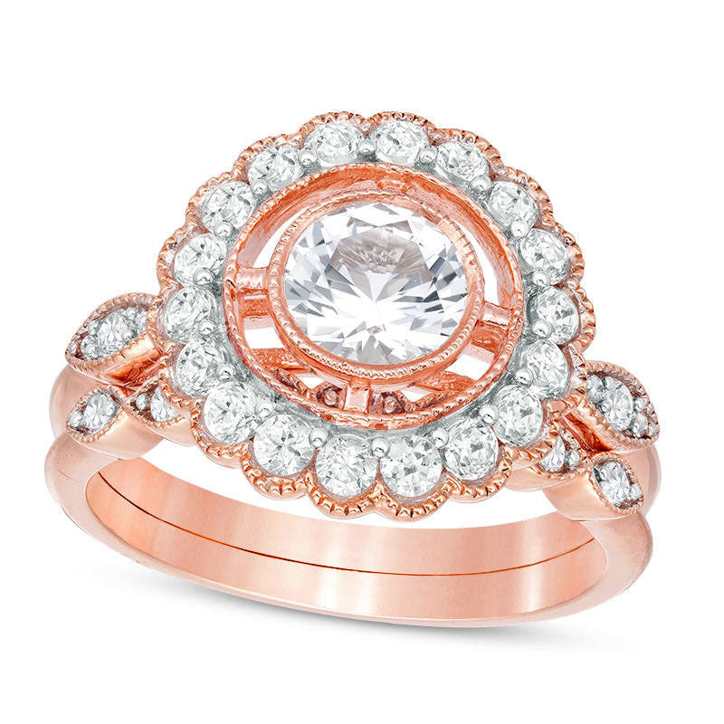 Image of ID 1 60mm Lab-Created White Sapphire Antique Vintage-Style Bridal Engagement Ring Set in Solid 10K Rose Gold