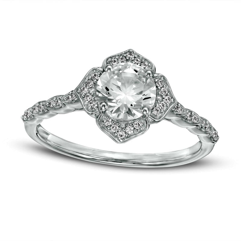 Image of ID 1 60mm Lab-Created White Sapphire and 013 CT TW Diamond Frame Flower Ring in Solid 10K White Gold