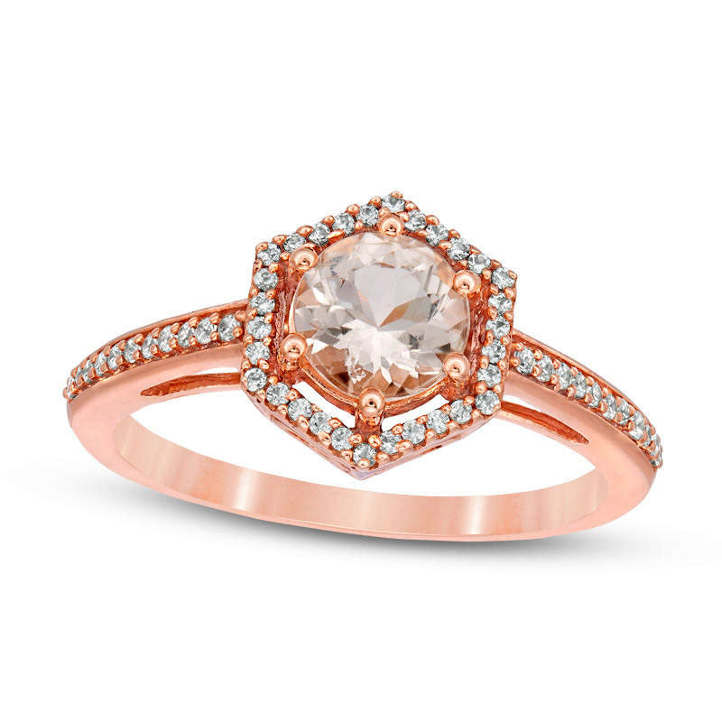 Image of ID 1 60mm Morganite and 010 CT TW Natural Diamond Hexagon Frame Ring in Solid 10K Rose Gold
