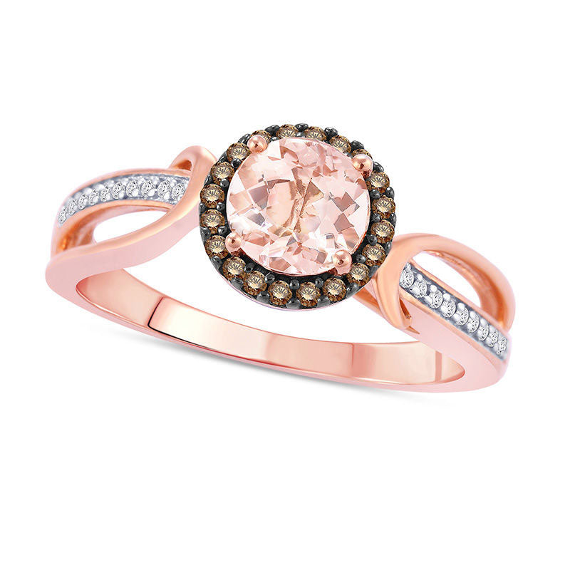 Image of ID 1 60mm Morganite and 017 CT TW Champagne and White Natural Diamond Frame Bypass Ring in Solid 10K Rose Gold and Black Rhodium