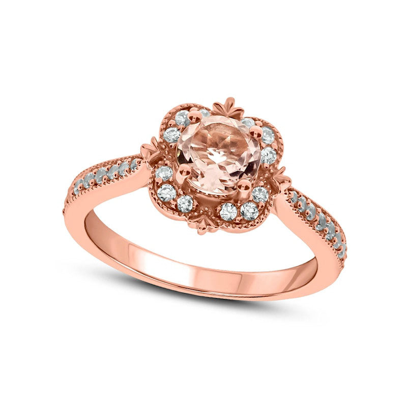 Image of ID 1 60mm Morganite and 033 CT TW Natural Diamond Clover Frame Antique Vintage-Style Engagement Ring in Solid 10K Rose Gold