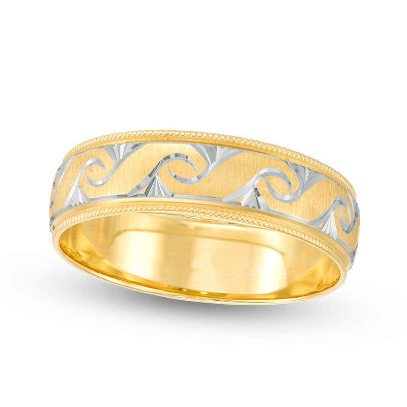 Image of ID 1 60mm Natural Diamond-Cut Swirl Milgrain Edge Comfort Fit Wedding Band in Solid 10K Yellow Gold with White Rhodium