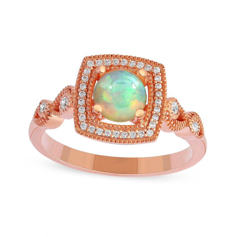 Image of ID 1 60mm Opal and 013 CT TW Natural Diamond Open Cushion Frame Antique Vintage-Style Ring in Solid 10K Rose Gold