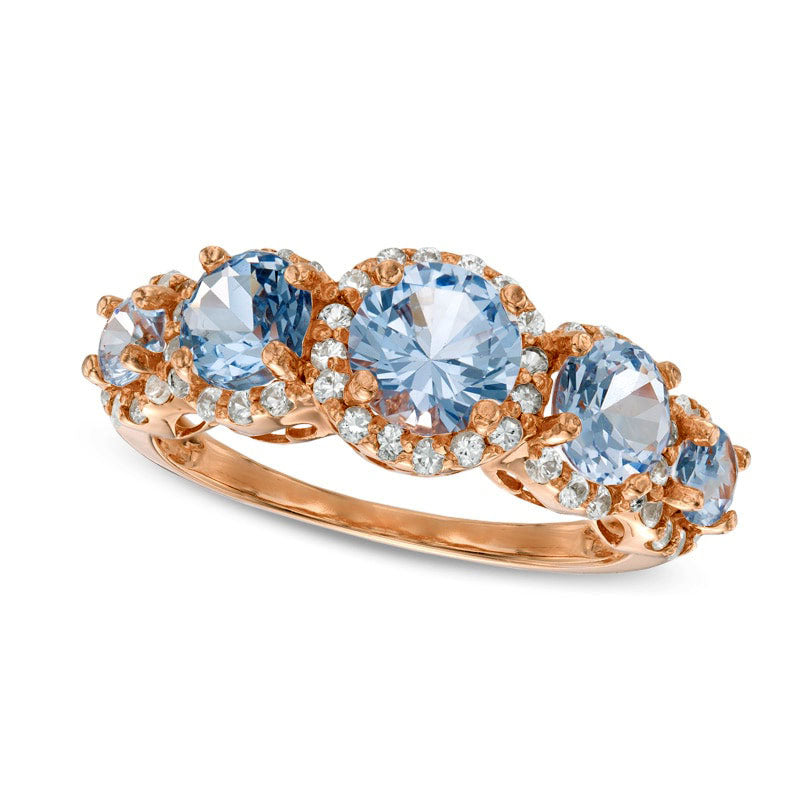Image of ID 1 60mm Simulated Aquamarine and Lab-Created White Sapphire Five Stone Ring in Sterling Silver with Solid 14K Rose Gold Plate