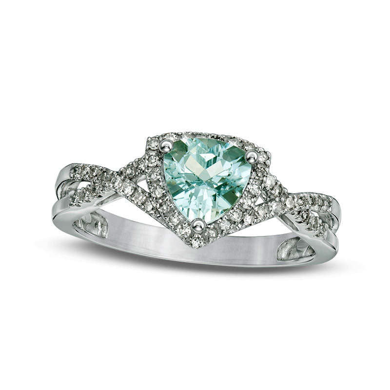 Image of ID 1 60mm Trillion-Cut Aquamarine and 020 CT TW Natural Diamond Frame Criss-Cross Shank Ring in Solid 10K White Gold