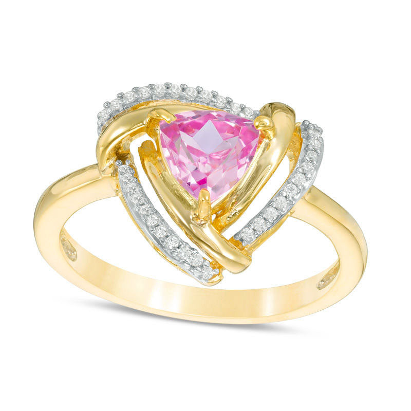 Image of ID 1 60mm Trillion-Cut Lab-Created Pink Sapphire and 010 CT TW Diamond Swirl Frame Ring in Solid 10K Yellow Gold