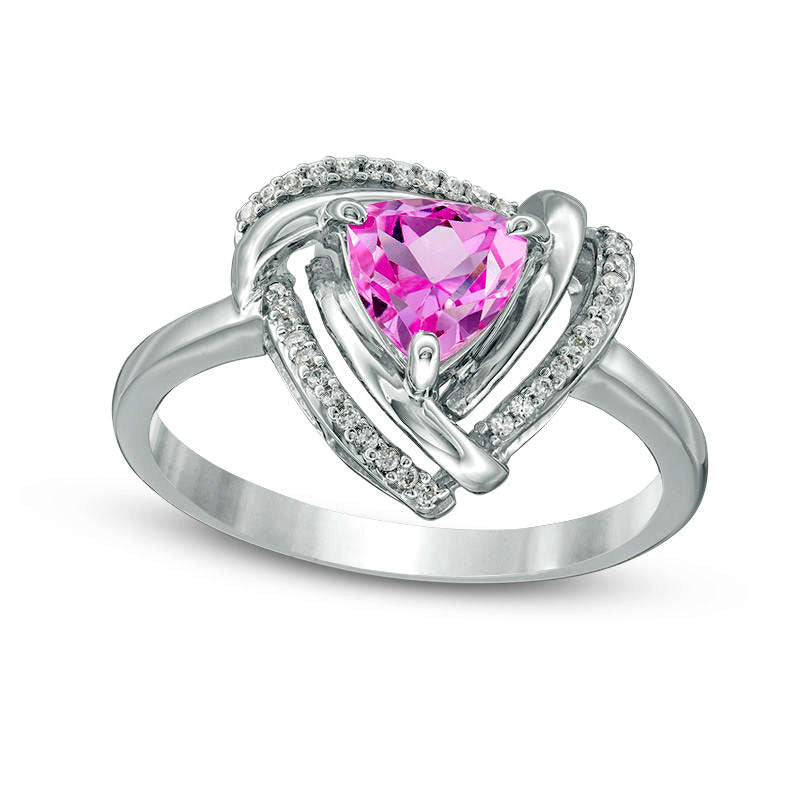 Image of ID 1 60mm Trillion-Cut Lab-Created Pink Sapphire and 010 CT TW Diamond Swirl Frame Ring in Sterling Silver