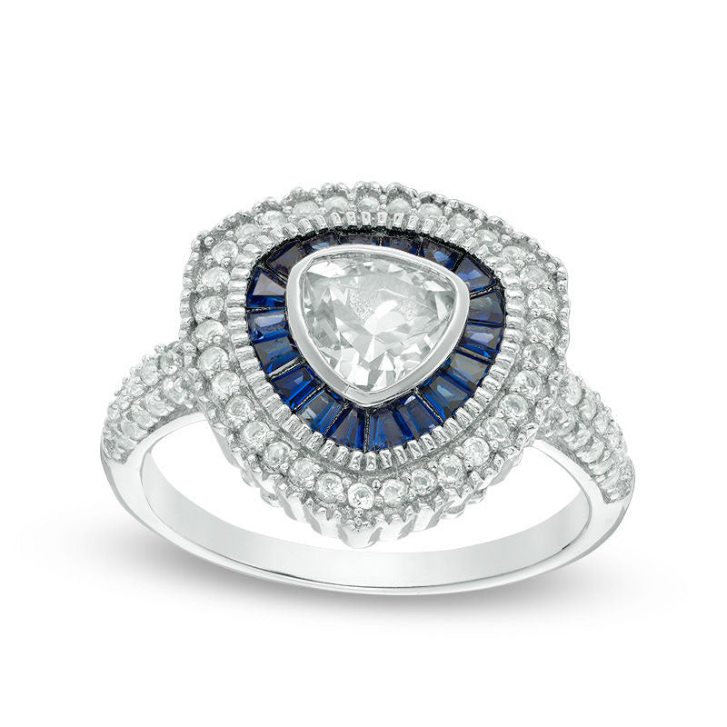 Image of ID 1 60mm Trillion-Cut Lab-Created White and Blue Sapphire Frame Antique Vintage-Style Ring in Sterling Silver
