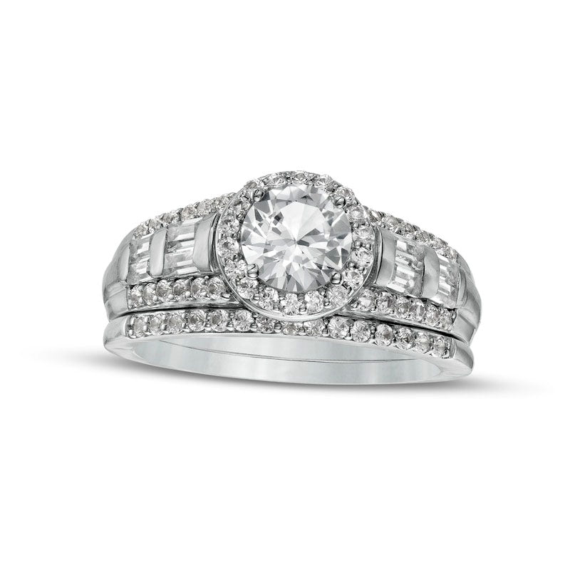 Image of ID 1 60mm White Lab-Created Sapphire Frame Multi-Row Bridal Engagement Ring Set in Sterling Silver