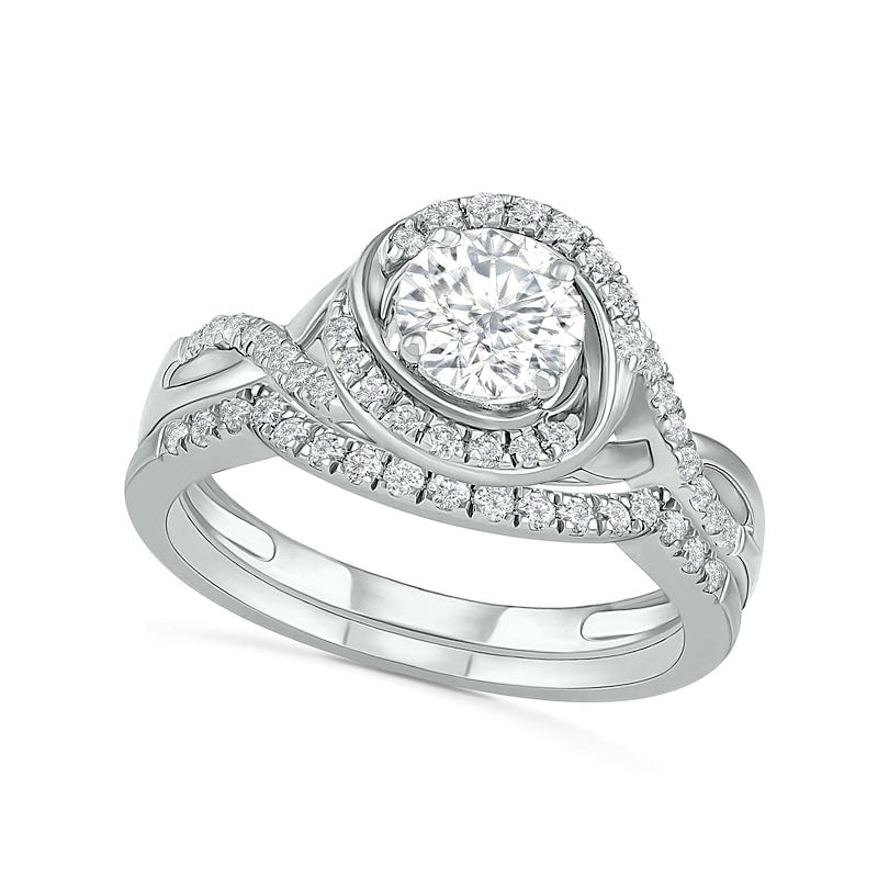 Image of ID 1 60mm White Lab-Created Sapphire Swirl Frame Twist Split Shank Bridal Engagement Ring Set in Sterling Silver