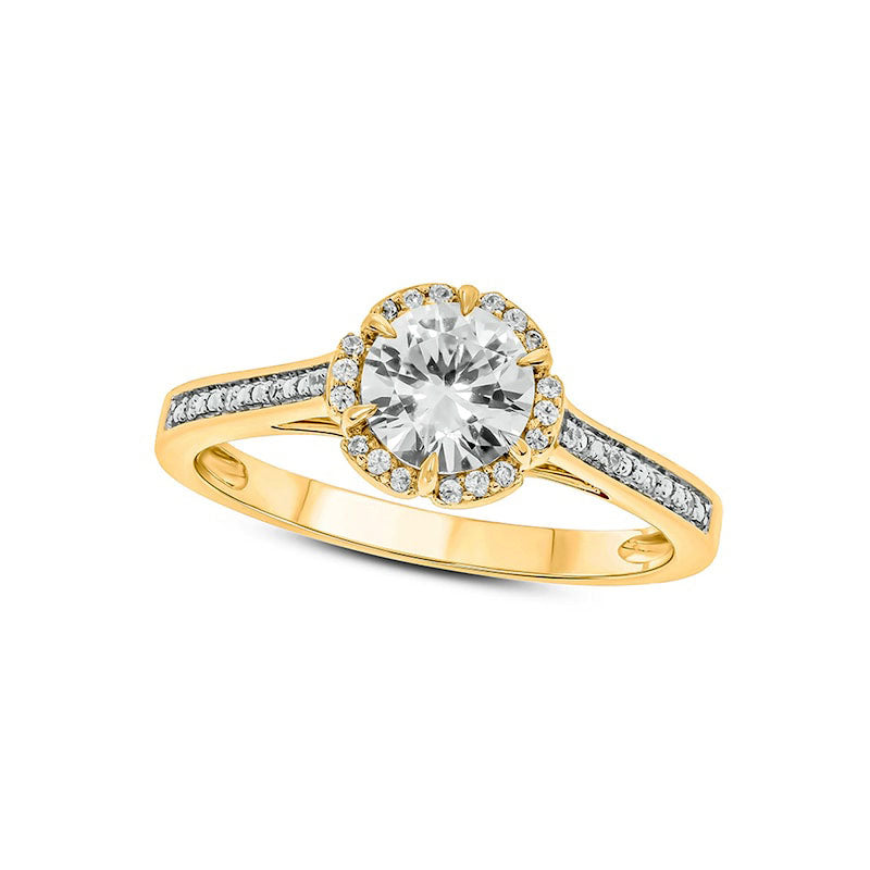 Image of ID 1 60mm White Lab-Created Sapphire and 010 CT TW Diamond Ornate Frame Floral Ring in Solid 10K Yellow Gold