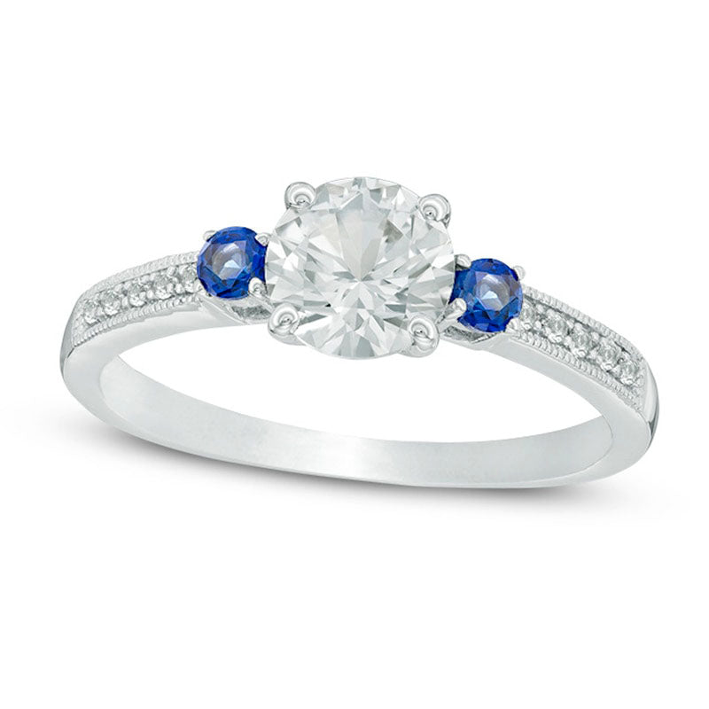 Image of ID 1 625mm Lab-Created White and Blue Sapphire Antique Vintage-Style Three Stone Ring in Sterling Silver