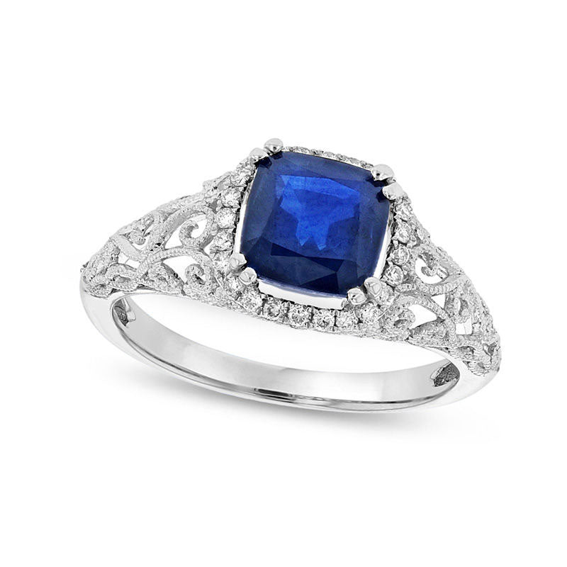 Image of ID 1 65mm Cushion-Cut Blue Sapphire and 013 CT TW Natural Diamond Frame Antique Vintage-Style Scroll Ring in Solid 14K White Gold