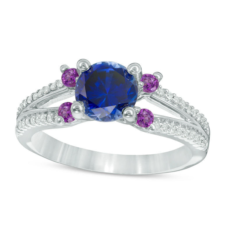 Image of ID 1 65mm Lab-Created Blue Sapphire Amethyst and 017 CT TW Diamond Split Shank Ring in Solid 10K White Gold