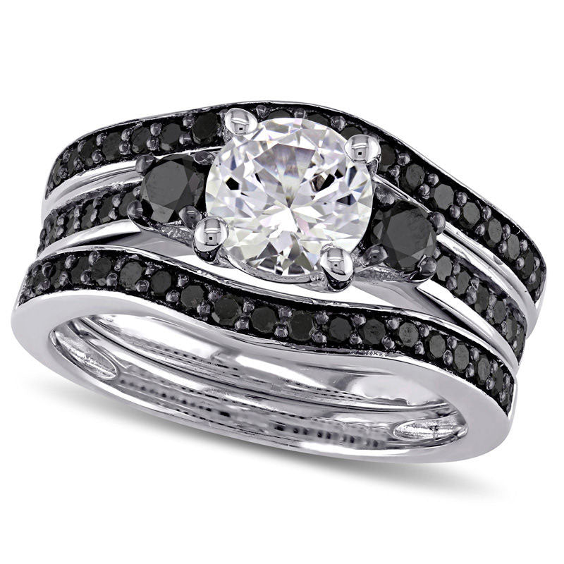 Image of ID 1 65mm Lab-Created White Sapphire and 075 CT TW Enhanced Black Diamond Three Piece Bridal Engagement Ring Set in Sterling Silver