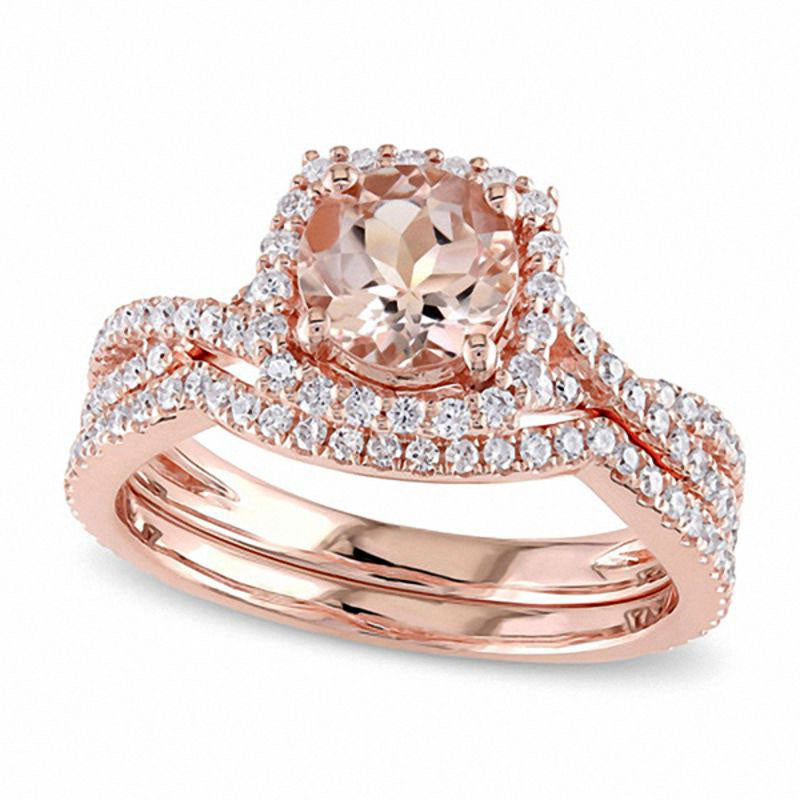 Image of ID 1 65mm Morganite and 075 CT TW Natural Diamond Square Frame Bridal Engagement Ring Set in Solid 14K Rose Gold