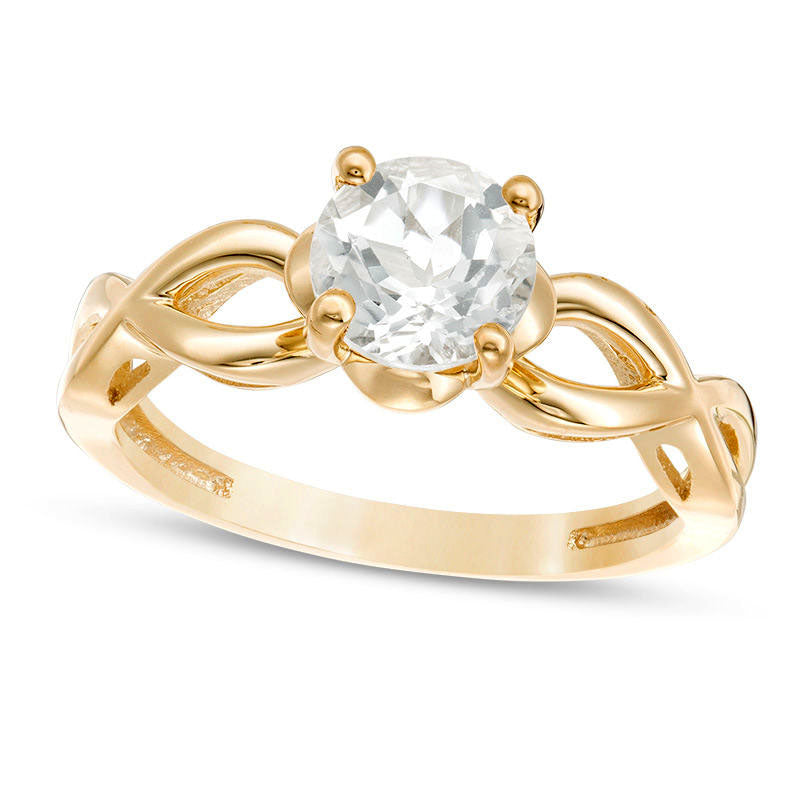 Image of ID 1 65mm White Topaz Solitaire Petal Frame Twist Shank Ring in Solid 10K Yellow Gold