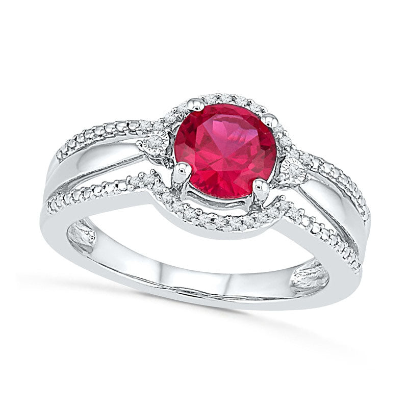 Image of ID 1 67mm Lab-Created Ruby and 010 CT TW Diamond Split Shank Ring in Sterling Silver