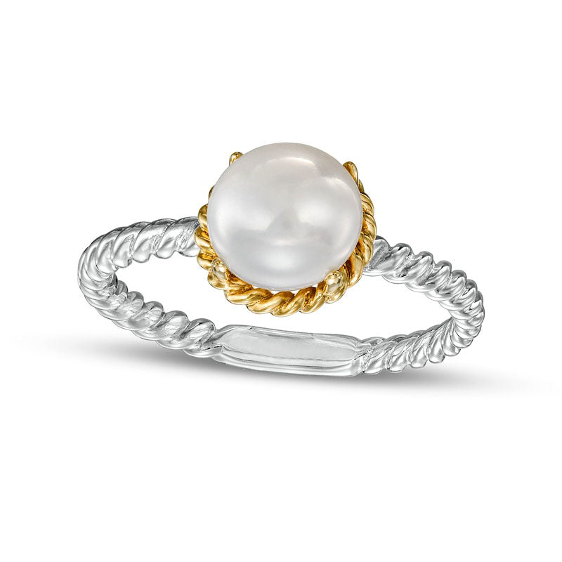 Image of ID 1 70-75mm Button Cultured Freshwater Pearl Rope-Textured Frame and Shank Ring in Sterling Silver and Solid 10K Yellow Gold