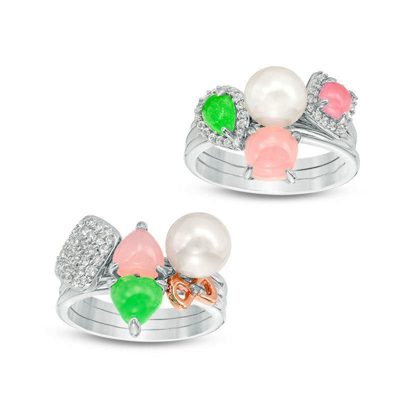 Image of ID 1 70 - 75mm Cultured Freshwater Pearl and Multi-Gemstone with Natural Diamond Accent Six Piece Ring Set in Sterling Silver