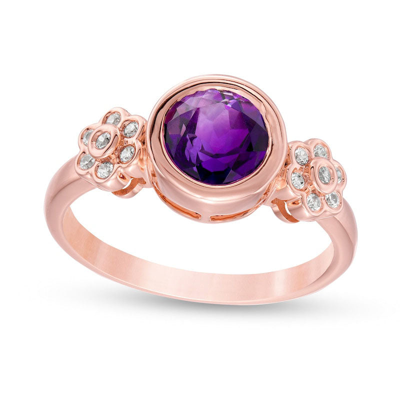 Image of ID 1 70mm Amethyst and 010 CT TW Natural Diamond Double Flower Ring in Solid 10K Rose Gold