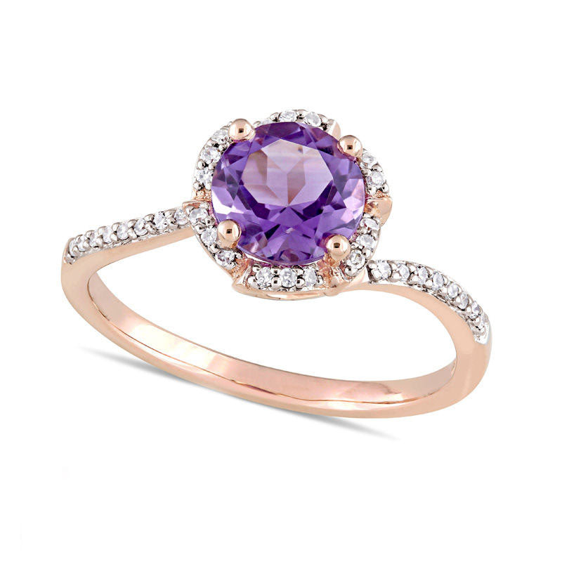 Image of ID 1 70mm Amethyst and 010 CT TW Natural Diamond Floral Frame Bypass Ring in Solid 14K Rose Gold
