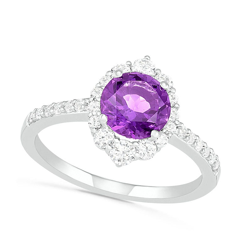 Image of ID 1 70mm Amethyst and White Lab-Created Sapphire Ornate Frame Ring in Sterling Silver