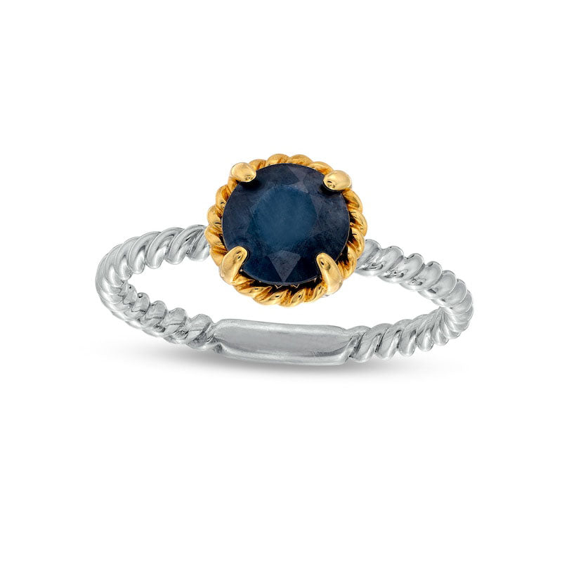 Image of ID 1 70mm Blue Sapphire Solitaire Rope-Textured Frame and Shank Ring in Sterling Silver and Solid 10K Yellow Gold