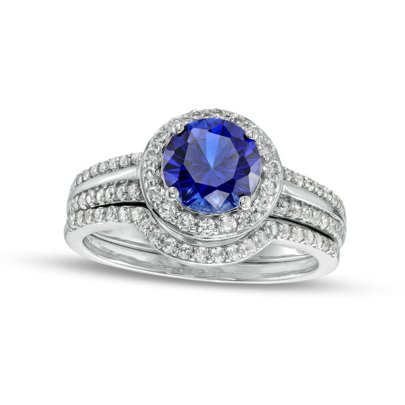 Image of ID 1 70mm Blue and White Lab-Created Sapphire Frame Triple Row Bridal Engagement Ring Set in Sterling Silver