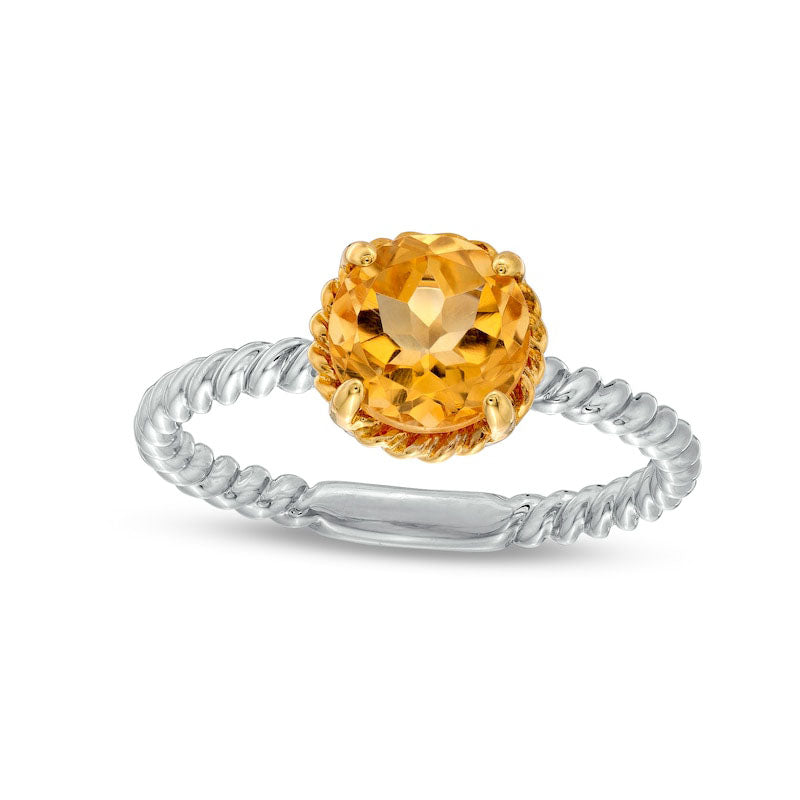 Image of ID 1 70mm Citrine Solitaire Rope-Textured Frame and Shank Ring in Sterling Silver and Solid 10K Yellow Gold