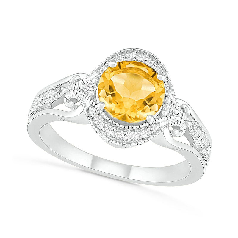 Image of ID 1 70mm Citrine and 010 CT TW Natural Diamond Scroll Frame Split Shank Antique Vintage-Style Ring in Sterling Silver