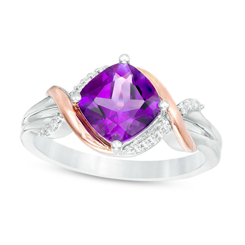 Image of ID 1 70mm Cushion-Cut Amethyst and 004004 CT TW Natural Diamond Overlay Frame Ring in Sterling Silver and Solid 10K Rose Gold