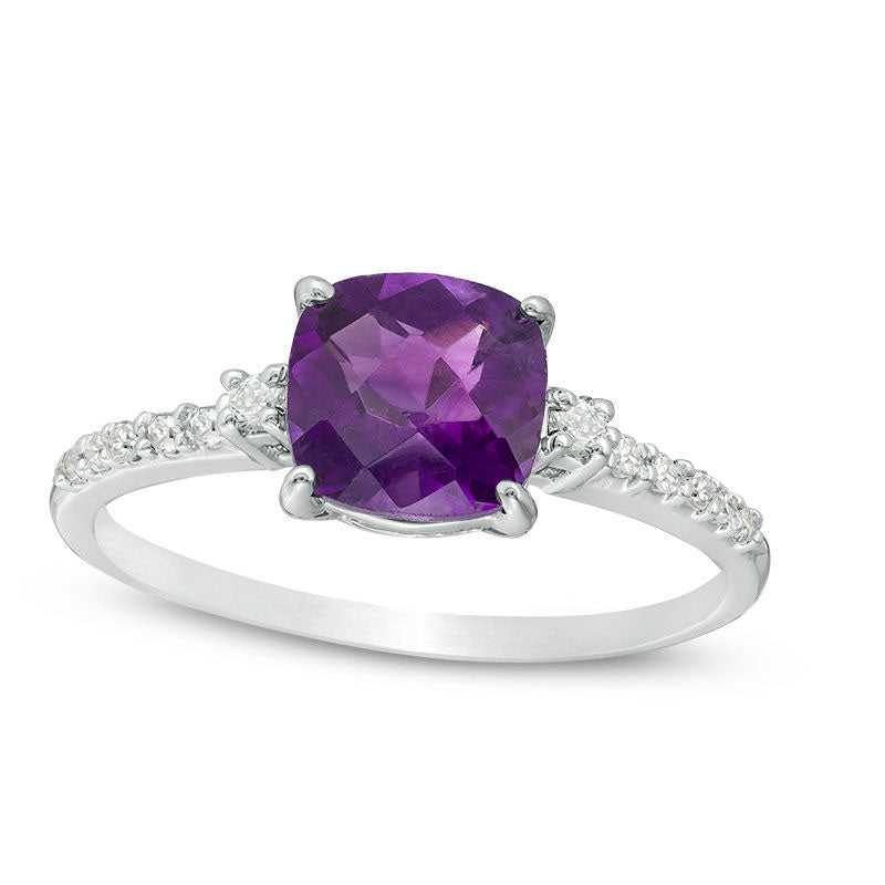Image of ID 1 70mm Cushion-Cut Amethyst and 013 CT TW Natural Diamond Engagement Ring in Solid 10K White Gold