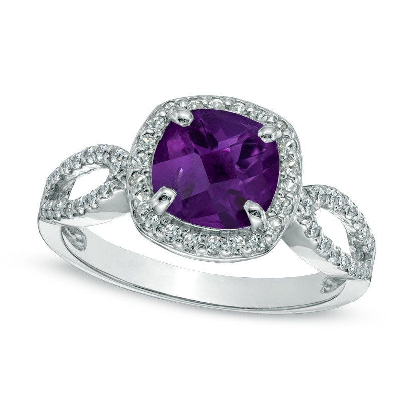 Image of ID 1 70mm Cushion-Cut Amethyst and Lab-Created White Sapphire Ring in Sterling Silver