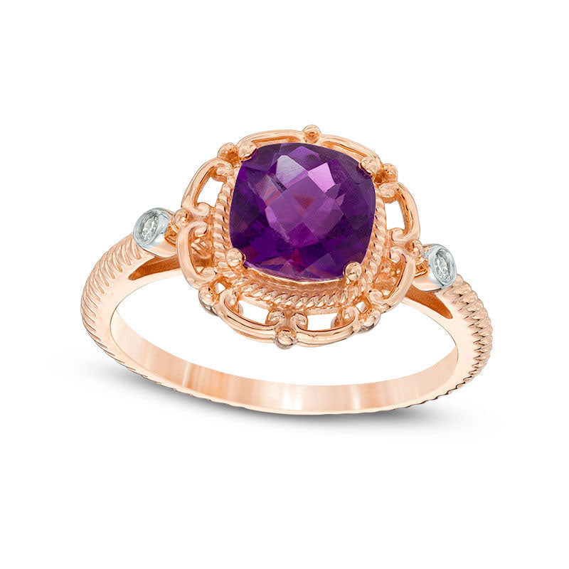 Image of ID 1 70mm Cushion-Cut Amethyst and Natural Diamond Accent Scroll Ring in Solid 10K Rose Gold