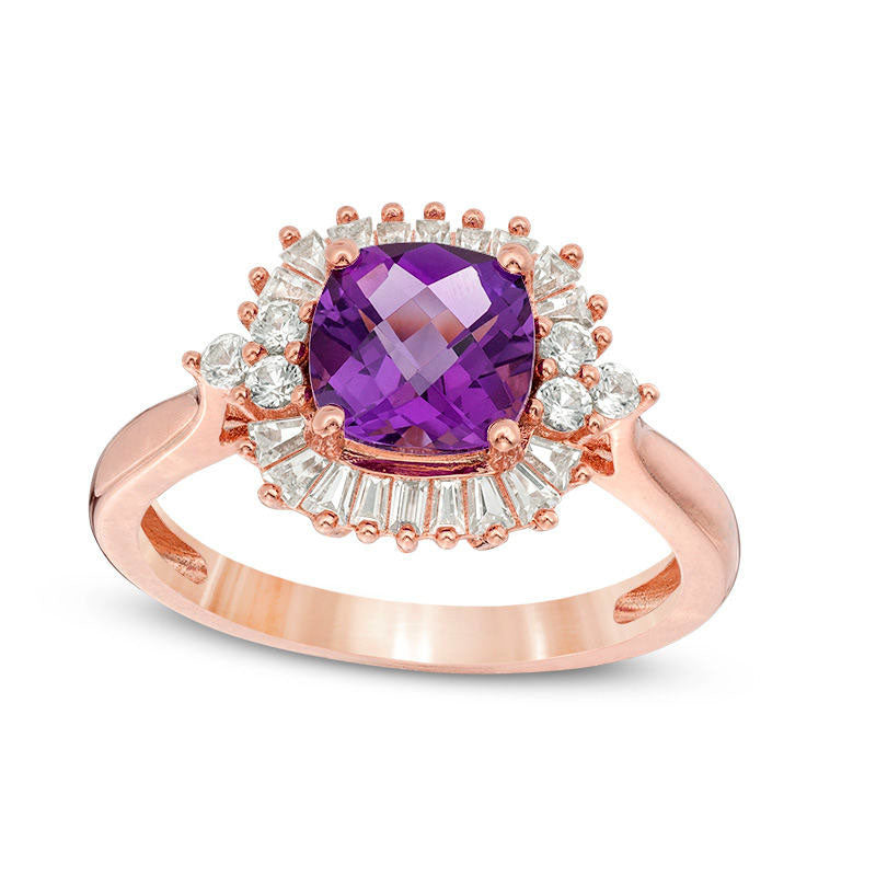 Image of ID 1 70mm Cushion-Cut Amethyst and White Sapphire Frame Tri-Sides Ring in Sterling Silver with Solid 14K Rose Gold Plate